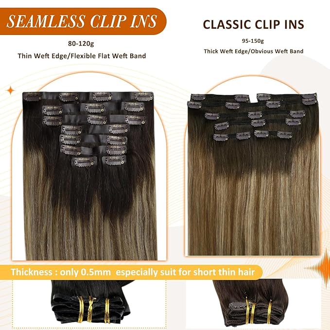 Full Shine Balayage Clip in Hair Extensions 22 Inch Seamless Hair Extensions Clip in Dark Brown to Medium Brown with Caramel Blonde Real Human Hair 8 PCS 120 G