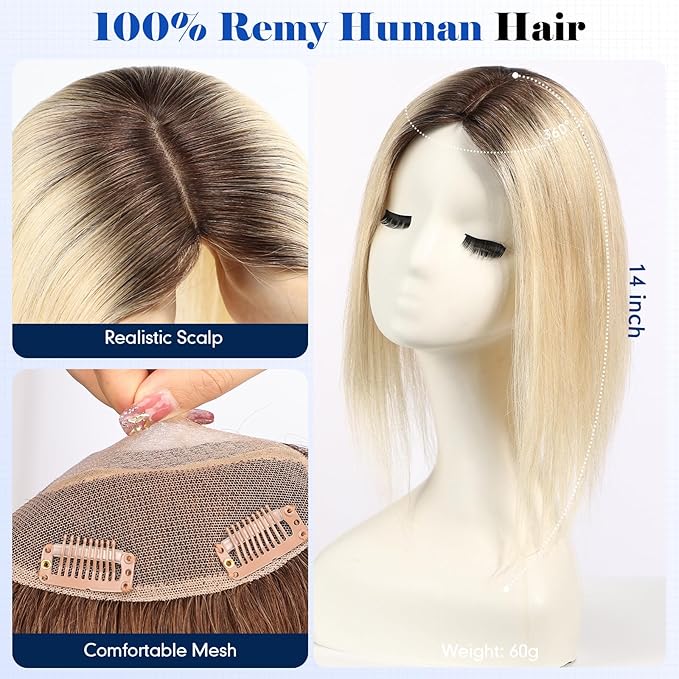 HAIRCUBE Hair Toppers For Women With Thinning 5"*5" Large Base Real Hair Toppers For Women, 14 Inch For Hand-Woven, 60g, Silk, Natural, realistic, Use Daily, Hairloss, Ombre Light Blonde, No Bangs