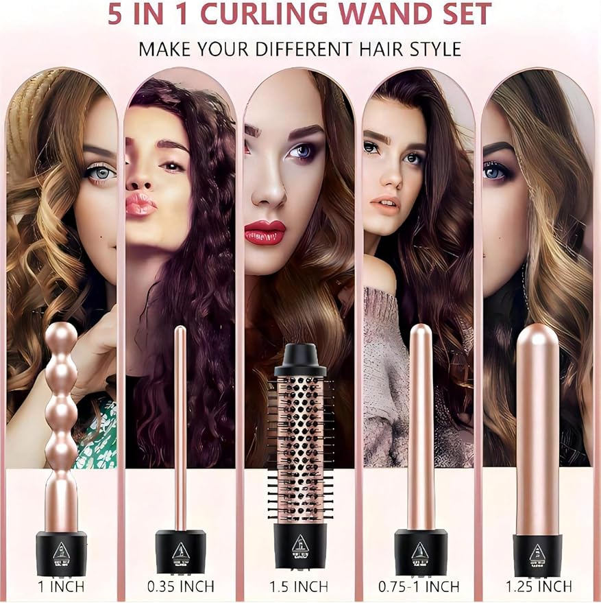 Curling Iron Set, O'bella 5 in 1 Curling Wand Set with Thermal Brush&4 Interchangeable Ceramic Curling Wand(0.35”-1.25”), 2 Temps Instantly Heating Hair Wand Curler Gold