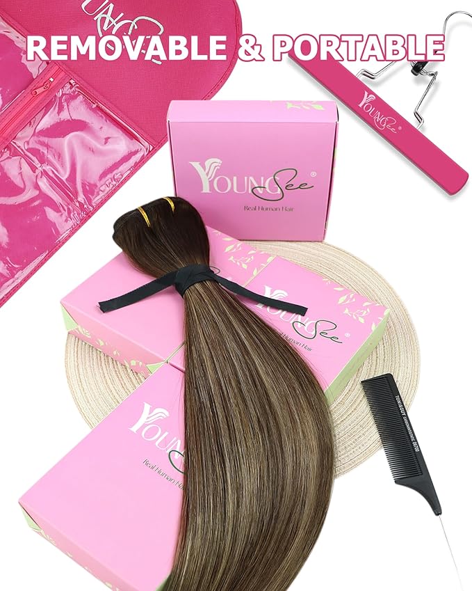 YoungSee 150G Clip in Human Hair Extensions Balayage Chocolate Brown Mix Caramel Blonde Long Straight Hair Extensions Clip ins Reusable Clip Hair Extension Human Hair Long 22inch 7pcs