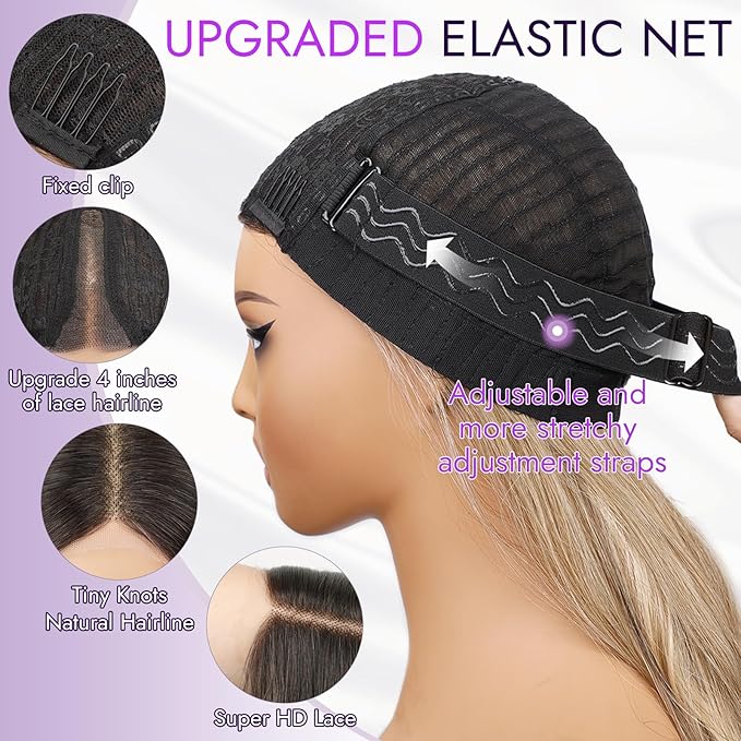 Dark Brown Mixed Blonde Wig for Women Long Wavy 4x1 Lace Natural Hairline Glueless for Beginners Middle Part Synthetic for Daily Party Use 26Inch