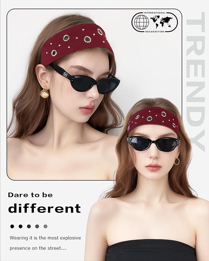 Grommet Headband for Women, Red Round Studs 23cm Hollow Out Elastic Hair Band, Eyelets Punk Grunge Stylish Hairband