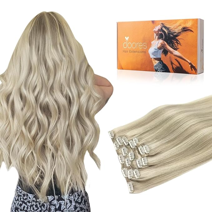 DOORES Human Hair Extensions Clip in Balayage Ash Blonde Highlighted Platinum Blonde 120g 7pcs 22 Inch Real Natural Thick Silky Hair