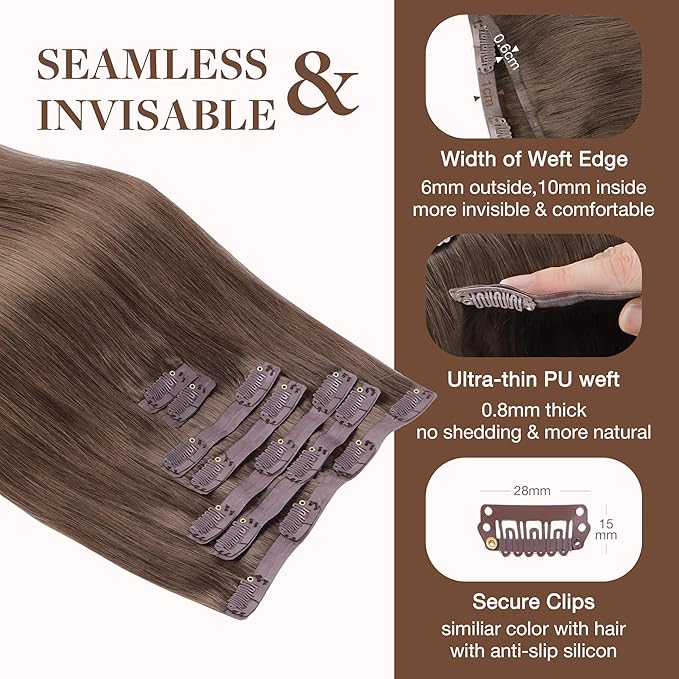 GOO GOO Clip in Hair Extensions Real Human Hair, Remy Human Hair Extensions Clip ins for Women, Natural Human Hair, 12inch 85g 7Pcs, #5 Light Ash Brown