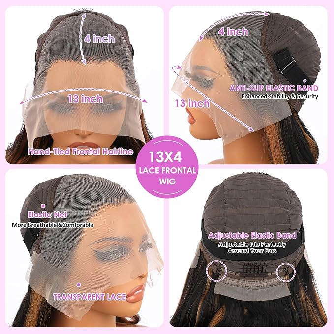 32 Inch Highlight Ombre Lace Front Wig Human Hair Body Wave Lace Front Wigs Human Hair 13x4 Pre Plucked 1B/30 Black with Brown Highlight Wig 200% Density Colored Glueless Wigs for Women