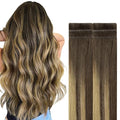 GOO GOO Invisi Edge Tape in Hair Extensions Human Hair, 4/27/4 Balayage Chocolate Brown to Caramel Blonde, 6pcs 10inch 15g, Virgin Remy Hair, Seamless Injected Tape, Natural Look