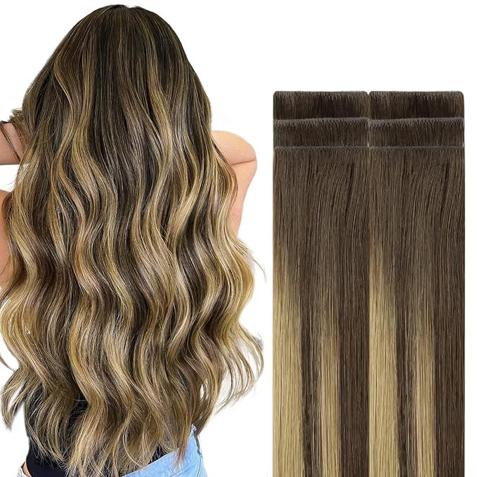 GOO GOO Invisi Edge Tape in Hair Extensions Human Hair, 4/27/4 Balayage Chocolate Brown to Caramel Blonde, 6pcs 16inch 15g, Virgin Remy Hair, Seamless Injected Tape, Natural Look
