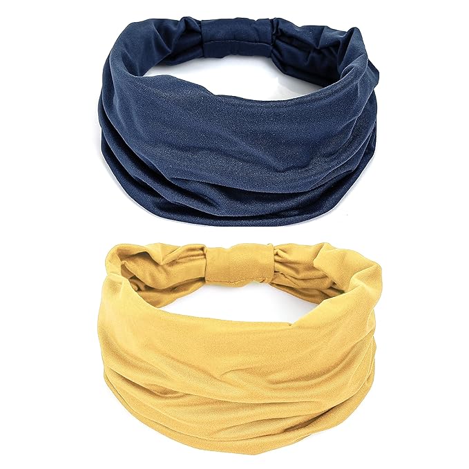 GiLi 2 Pack Wide Headbands for Women Boho African Knotted Non Slip Fashion Hair Bands Yoga Running Sports Workout Gym Head Wraps Elastic Soft Cotton Cloth Turbans Bandana for Girls(Yellow,Navy)