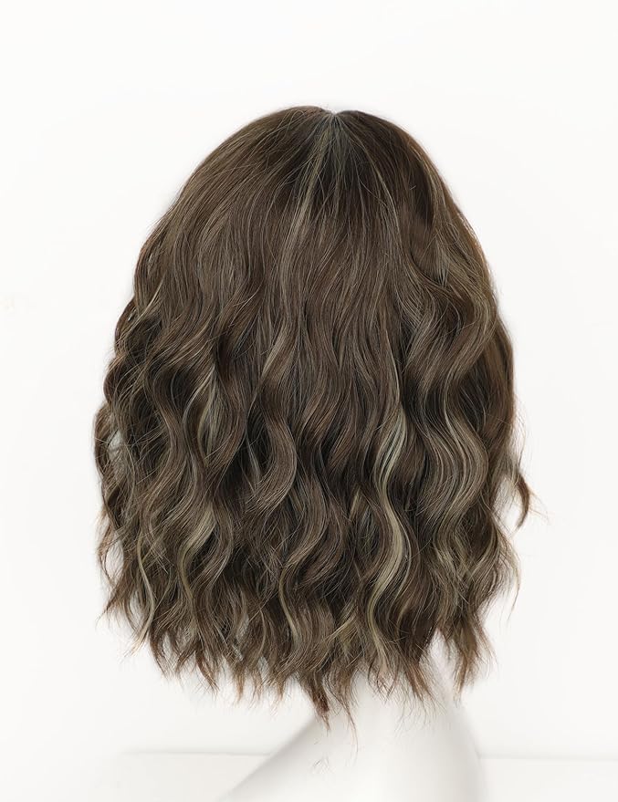 AISI HAIR Curly Bob Wig with Bangs Short Wavy Warm Medium Brown with Golden Highlights. Color Wigs for Women Bob Style Synthetic Heat Resistant Bob Wigs