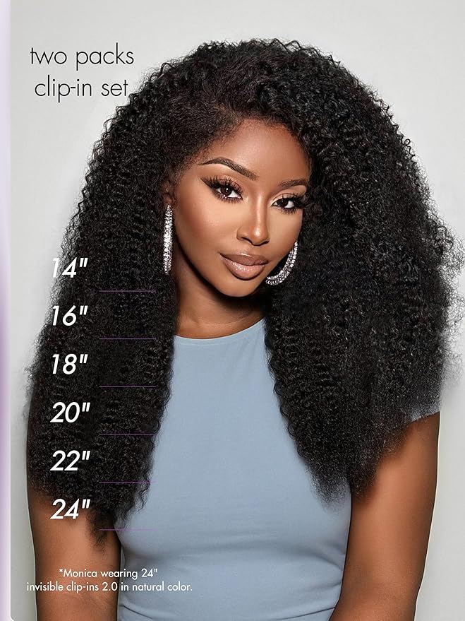 LUVME Invisible Clip ins Hair Extensions Deep Kinky Curly Real Human Hair Remy Hair Clip ins for Women, Natural Human Hair, 14 inch 110g 6Pcs, Natural Black