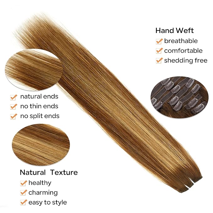 Straight Clip In Hair Extensions Real Human Hair 8Pcs Clip In Balayage Chocolate Brown to Caramel Blonde Human Hair Extensions with 18Clips Lace Weft 120g 14inch