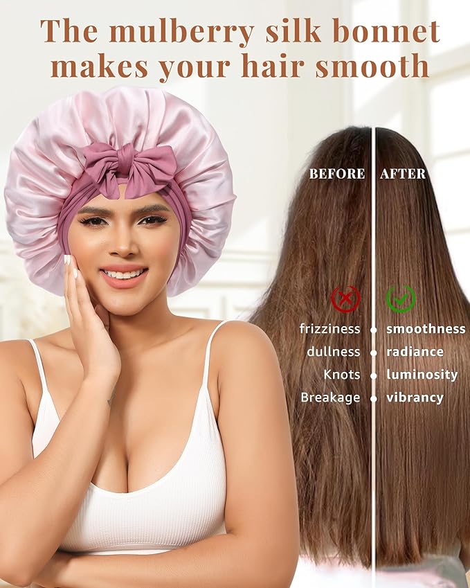 AWAYTR Silk Bonnet for Sleeping Women 100% Mulberry Silk Bonnet with Band 2 Layer Reversible Hair Bonnet Sleeping Hair Wrap (Silk, Dust rose/Pink)