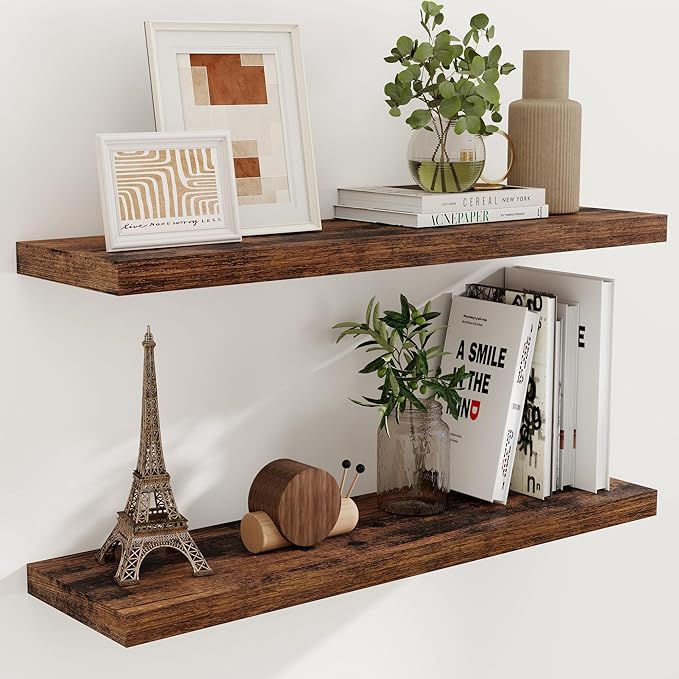 40 Inch Floating Shelvese, 40" W x 9" D Floating Shelf Set of 2, Farmhouse Wood Wall Shelves for Bedroom, Kitchen, Wall Mounted Deep Shelving for Home Decor, Rustic Brown Color