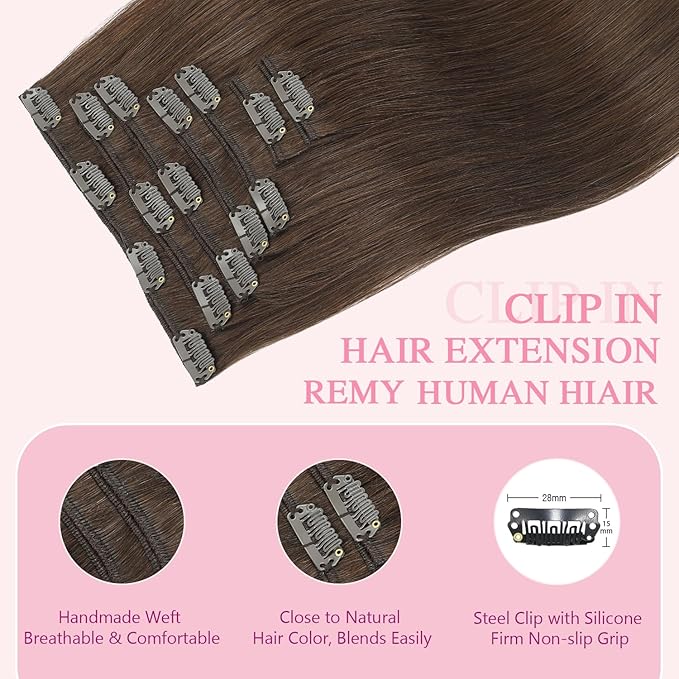 PINKPEARL Human Hair Clip in Hair Extensions 18inch #4 Chocolate Brown Clip in Hair Extensions Real Human Hair 7pcs 120g Natural Human Hair Clip ins for Women(#4-18)