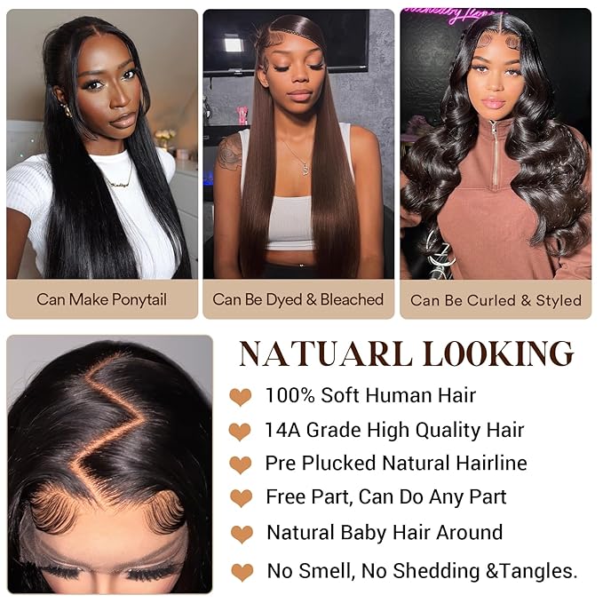 13x6 Straight Lace Front Wigs Human Hair Can Last 12 Months 230 Density Virgin Real Human Wig 13x6 HD Lace Front Wigs Human Hair Pre Plucked Tangle-Free Natural Black for Women (32Inch)