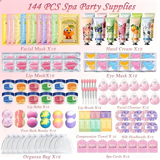 144 PCS Spa Party Supplies for Women,Spa Day Favors Essentials Include Face Masks Skincare, Lip Balm, Under Eye Patches, Foot Bath Bomb,Sleepover Party Supplies Spa Birthday Kit for Women Gift Set