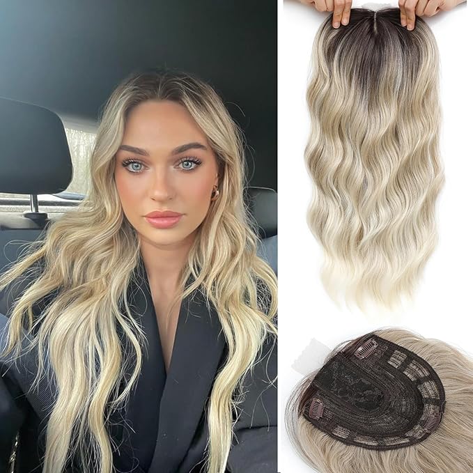 Hair Topper, 360° 3D Hair Toppers for Women with Thinning Crown, 20 Inch Long Wavy Curly Hair Pieces Clip in Bangs (Ombre Light Blonde with Dark Root, 20 inch, Side Bangs)