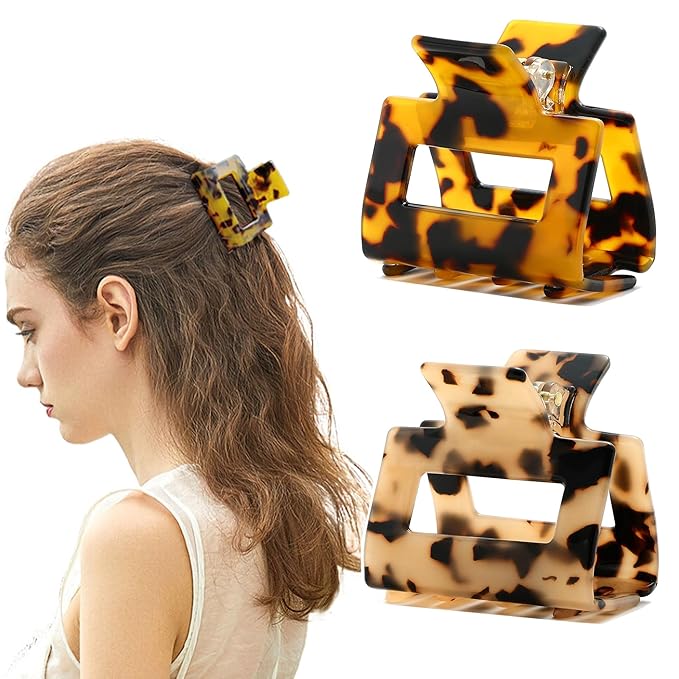 2Pcs Small Medium Hair Claw Clips for Women Tortoise Shell Rectangle Claw Hair Clips for Thin Fine Medium Thick Hair Non Slip