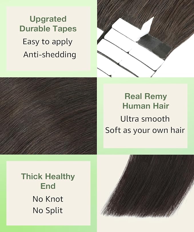 SURNEL Tape in Hair Extensions Human Hair 16 inch #2 Darkest Brown Hair Extensions Tape in 20 pcs 50g(#2-16)
