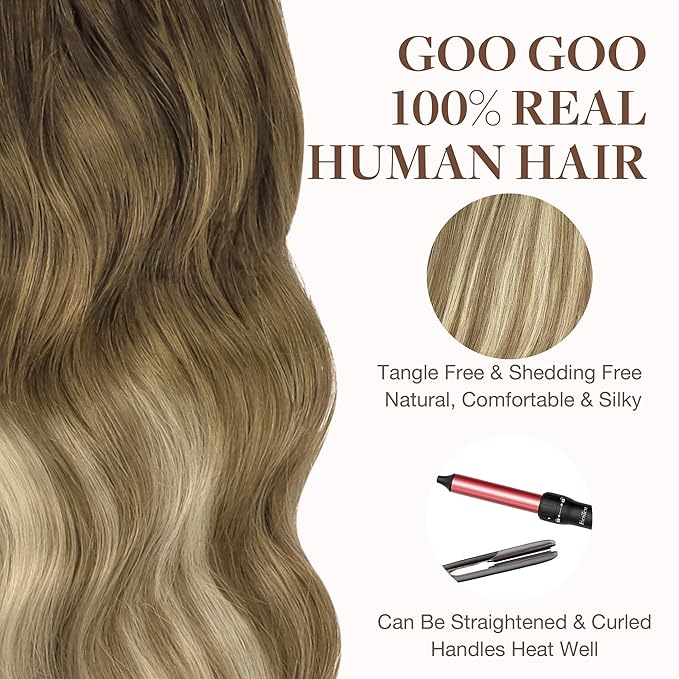 GOO GOO Tape in Hair Extensions Human Hair, 3/8/613 Walnut Brown to Ash Brown and Bleach Blonde, 22inch 50g 20pcs, Skin Weft Seamless Invisible, Silky Straight with Thick Ends, Remy Human Hair