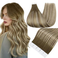 Full Shine Tape in Hair Extensions Human Hair 20 Inch Ombre Color 3 Fading to 6 Brown and 22 Blonde Balayage Straight Remy Human Hair Tape in Extensions 20 Pieces Soft and Silky 50 Grams Add Length