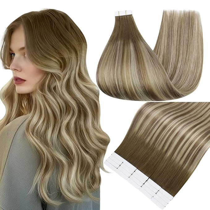 Full Shine Tape in Hair Extensions 18 Inch Seamless Human Hair Extensions Tape Ins Ombre Color 3 Dark Brown Fading to 6 and 22 Adhesive Tape in Extensions 20 Pcs 50 Gram Remy Hair Add Volume