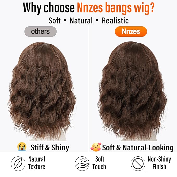 Nnzes Short Wavy Bob Wig with Bangs for Women Shoulder Length Curly Brown Chocolate Synthetic Heat-Resistant Fiber Hair for Daily & Party Use