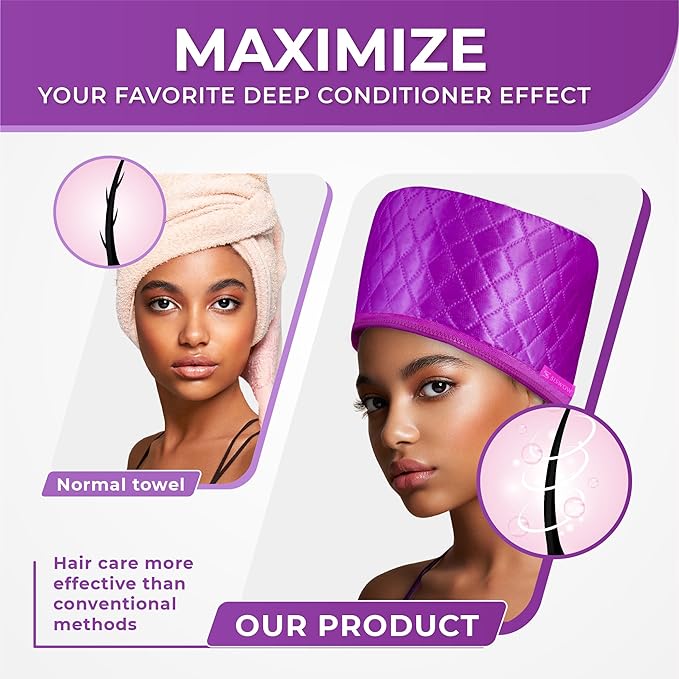 Hair Steamer for Deep Conditioning w/10-level Heats Up Quickly, Heating Cap for Deep Conditioner - Thermal Steam Cap for Black Hair, Great for Hair Treatment (Purple)