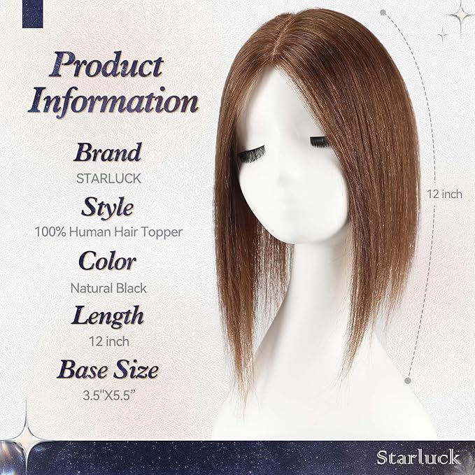 starluck Human Hair Toppers for Women Real Human Hair No Bangs 4 * 5.5 inch Base 12 inch SilkHug Hair Topper for Women Cover Grey Roots(Medium Brown)