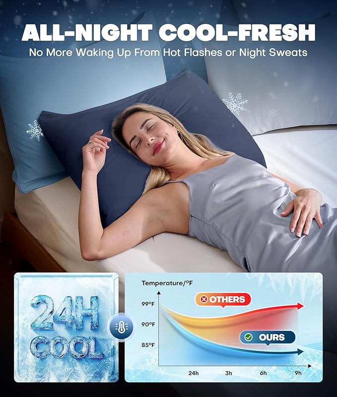 Ultra-Chill Cooling Pillowcase Set of 2 for Hot Sleepers, Softer Than Silk Pillow Cases for Protecting Hair & Skin, Breathable Bed Pillow Covers w/Zipper, Gifts for Women & Men (Navy Blue, King)