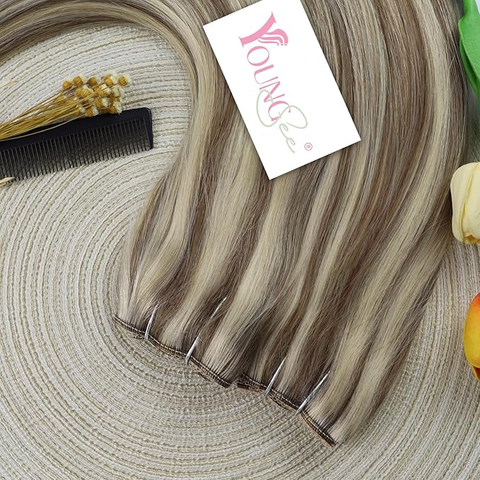 YoungSee Wire Hair Extensions Brown Blonde Invisible Wire Hair Extensions Human Hair Platinum Blonde with Light Brown Highlight Fish Line Hair Extension Real Human Hair 14 Inch 80g