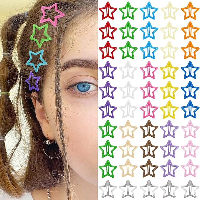 Star Hair Clips Multiple Colors Snap Hair Barrettes Non Slip Star Hair Accessories Metal Hair Clips for Girls Women -50PCS 1.18"