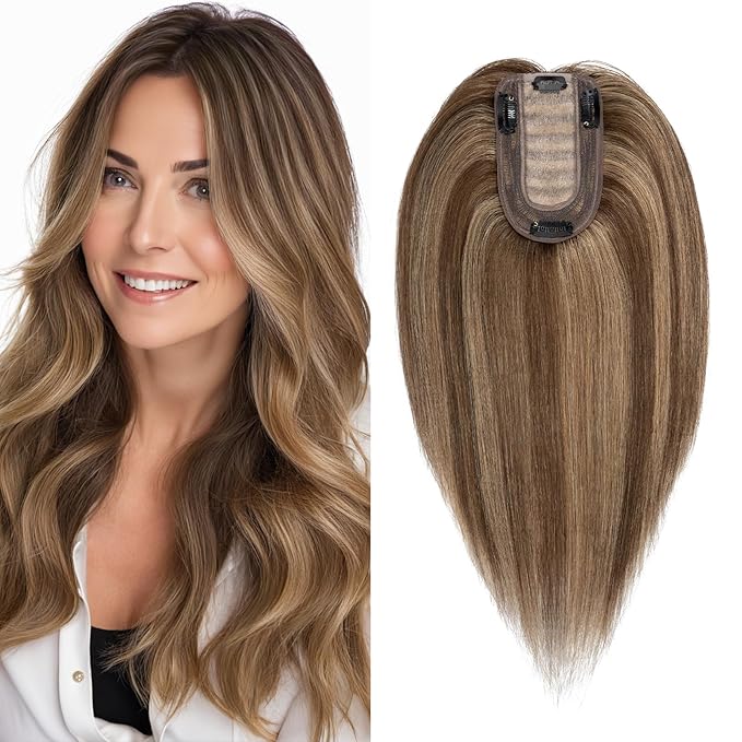SEGO Real Human Hair Topper for Women, No Bangs Hair Topper with Anti-Slip Clips (10 Inch#4P27 Medium Brown & Dark Blonde)