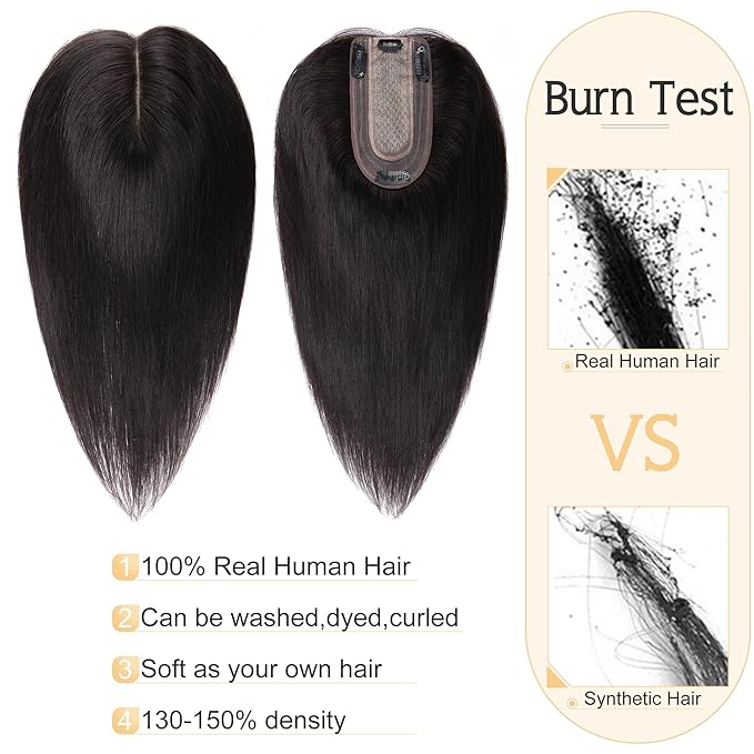 SEGO Human Hair Toppers for Women With Thinning Hair, 7 * 13CM Silk Base 100% Real Human Hair Clip in Top Wiglet Hairpieces /8 Inch No Bangs Natural Black