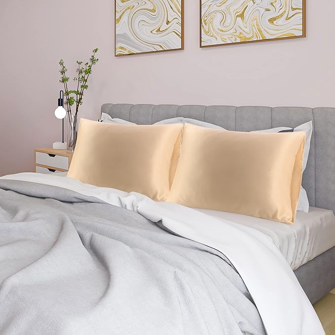 uxcell 2 Pack Silk Satin Pillowcase for Hair and Skin, Cool, Silky, Soft Breathable Pillow Cases Queen Size 20x30 Inch Sateen Pillowcase Champagne with Envelope Closure