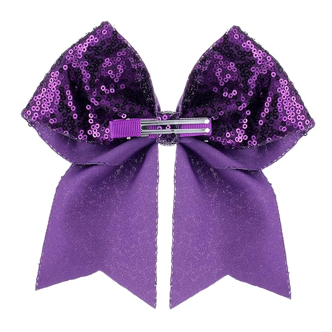Large Glitter Cheer Bows Clips, Jumbo Big 7 Inch Cheerleading Sequin Hair Bow Hair Accessories for Teens Girls Football Sports Cheerleader Outfit Uniform (Dark Purple)