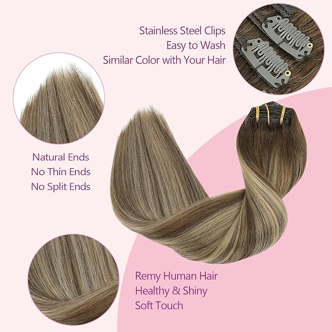 PINKPEARL Clip in Hair Extensions Human Hair, Remy Human Hair Clip ins for Women #4/27/4 Chocolate Brown to Caramel Blonde Balayage Clip Hair Extensions 7pcs 120g 20inch(#4/27/4-20)