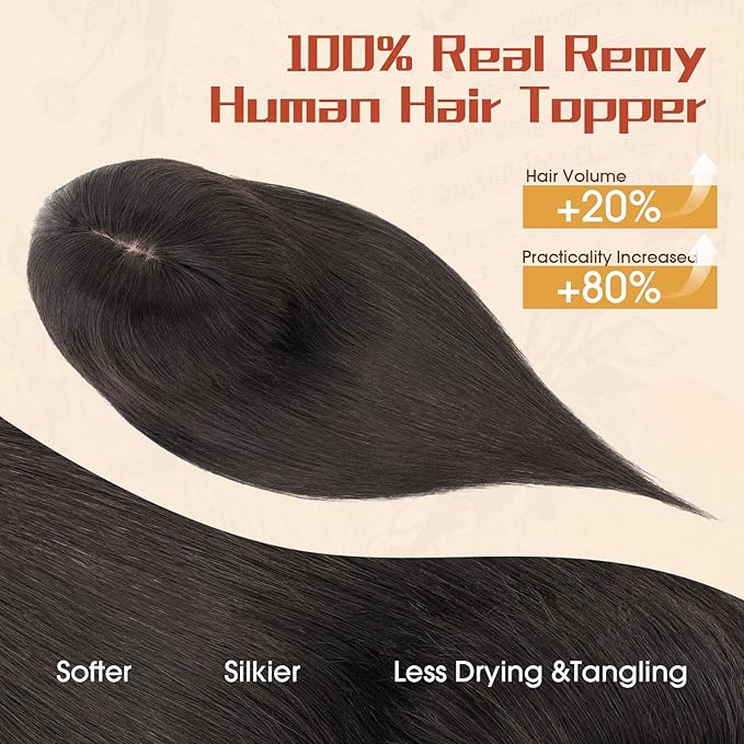 Rich Choices Human Hair Toppers for Women-100% Real Remy Hair Topper with 3D 360°Bang-Upgraded 150% Density 9 * 12CM Lace Base-Clip in Hairs topper for Thinning Hairs-10Inch #1B Natual Black