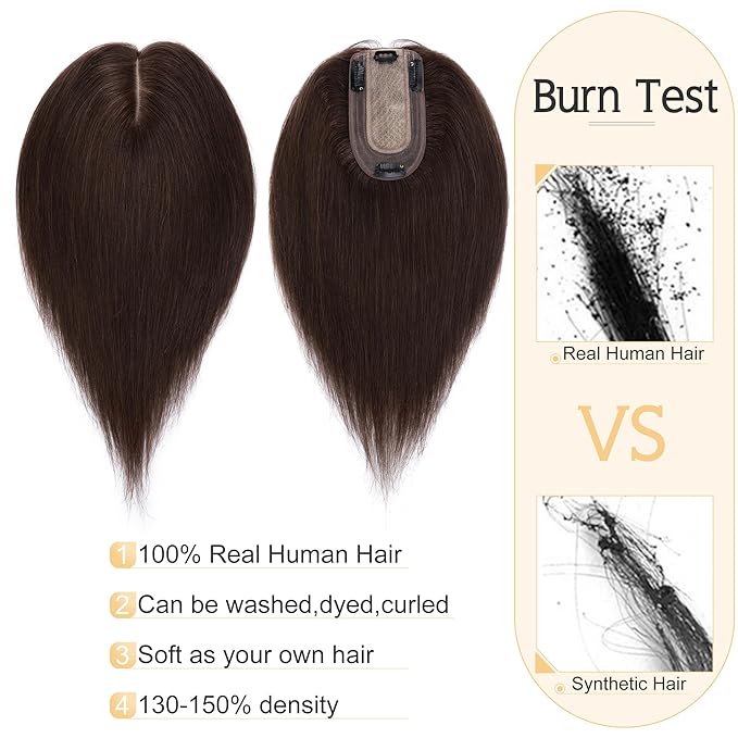 SEGO Hair Toppers for Women Human Hair With Thinning Hair, 7 * 13CM Silk Base 100% Real Human Hair Clip in Top Wiglet Hairpieces -10 Inch No Bangs Dark Brown