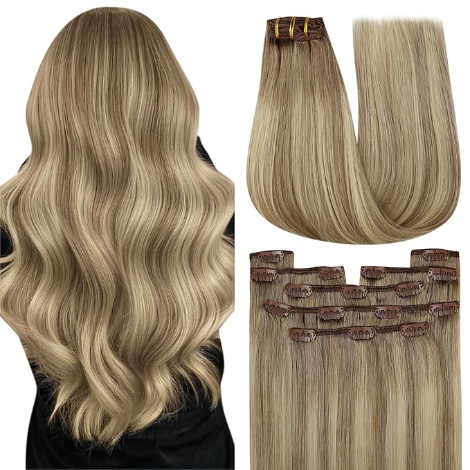 YoungSee Balayage Clip in Hair Extensions 24 inch Human Hair Clip in Extensions Ombre Clip in Hair Extensions Human Hair Light Brown Mix Platinum Blonde Long Straight Hair for Women 120G 7Pcs