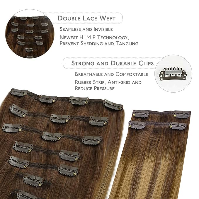 WENNALIFE Balayage Chocolate Brown to Caramel Blonde Human Hair Extensions, 150g 20 Inch 9pcs Thicker Clip-in Real Hair Clip Set Double Weft