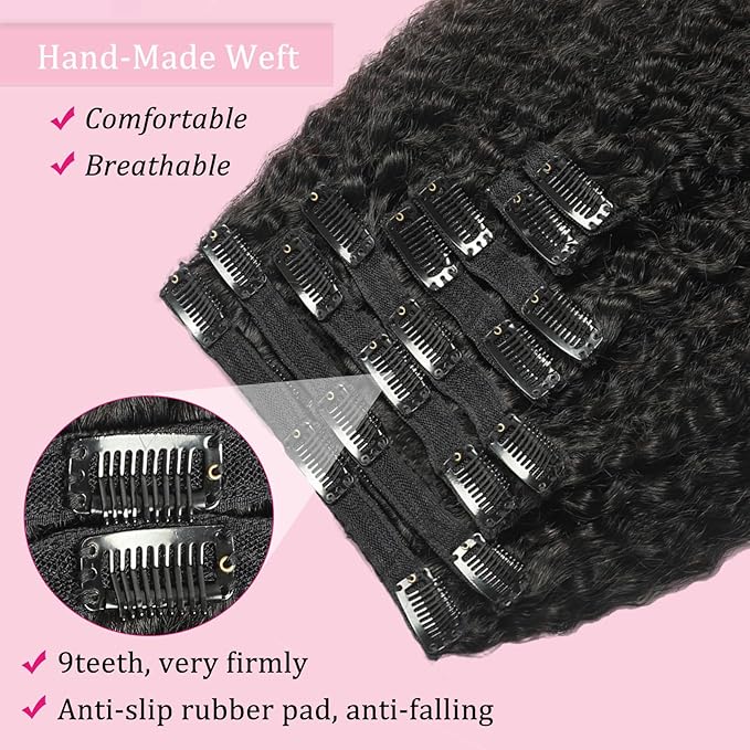 Kinky Straight Clip in Hair Extensions Human Hair Clip in Extensions 110g Clip Ins for Black Women 8Pcs/Pack Double Weft Full Head Natural Black Hair Extensions Human Hair（16Inch）