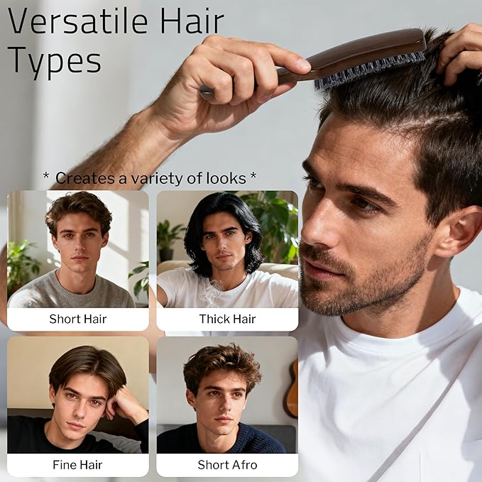 Nylon Hair Brush for Men, Mens Slick Back Hair Brush with Stiff Bristles & Wooden Walnut Handle for Thick & Fine Hair Smoothing, Detangling, Styling, Beard Straightens