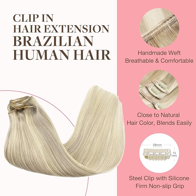 GOO GOO Clip in Hair Extensions Real Human Hair, Remy Human Hair Extensions Clip ins for Women, Natural Human Hair, 14inch 120g 7Pcs, 17A/60A Ash Blonde Highlighted Platinum Blonde