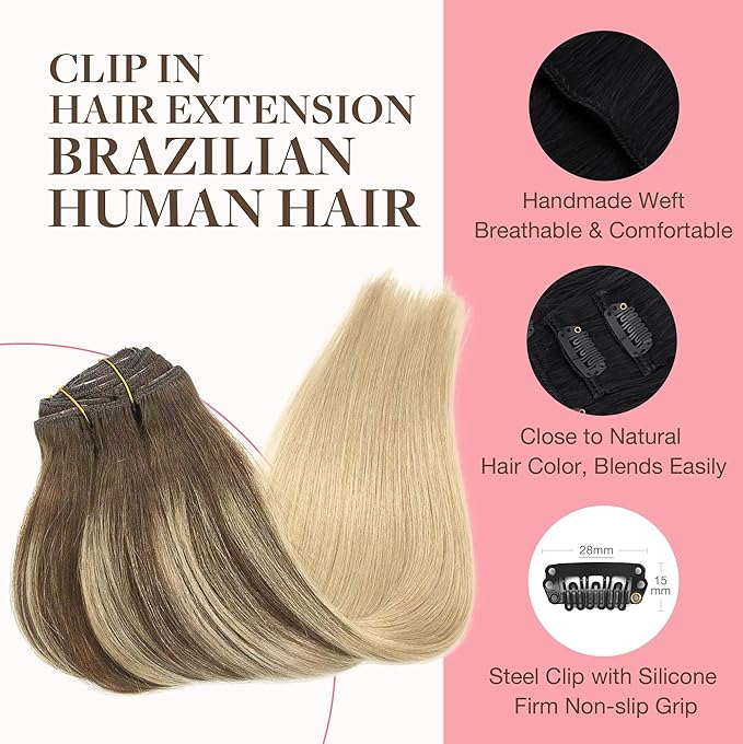 GOO GOO Clip in Hair Extensions Real Human Hair, Remy Human Hair Extensions Clip ins for Women, Natural Human Hair, 18inch 120g 7Pcs, 4/18 Balayage Chocolate Brown Highlighted Dirty Blonde