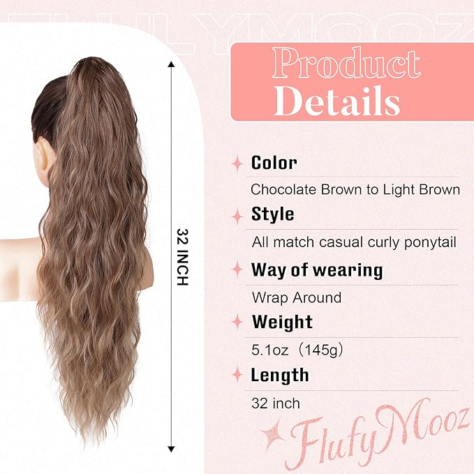 Flufymooz Ponytail Extension, Flexible Wrap Around Ponytail Extension Long Wavy Curly Ponytail Hair Extensions Natural pony tail Synthetic Hairpiece for Women 32 Inch (Chocolate Brown to Light Brown)