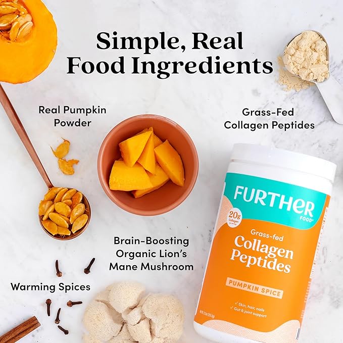 Further Food Pumpkin Spice Collagen Peptides Powder with Lion’s Mane Mushroom – 100% Grass-Fed, Hydrolyzed Type 1 & 3, 20g of Collagen per Serving, Supports Skin, Hair, Nails & Focus, 9.88 Oz