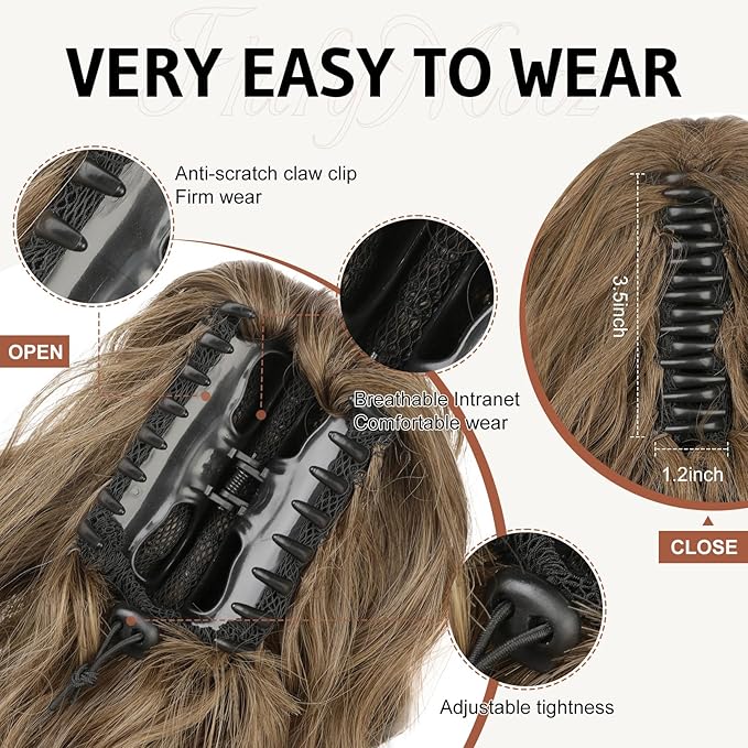 FLUFYMOOZ Wavy Curly Claw Clip Ponytail Extension, 18 Inch Natural Synthetic Hairpiece with Highlights