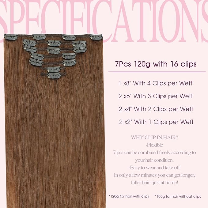 PINKPEARL Clip in Hair Extensions Real Human Hair, Remy Human Hair Extensions Clip ins for Women, Natural Human Hair, 20inch 120g 7Pcs, #33 Auburn(#33-20)