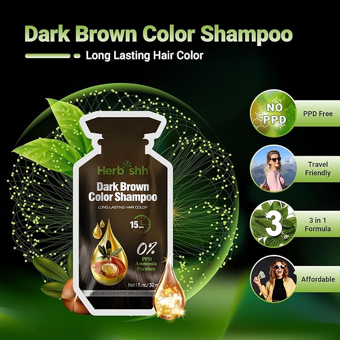Herbishh Hair Shampoo with 3-in-1 Dye | PPD-Free | Easy Gray Coverage | Travel Size | 10 Sachets + 1 Argan Mask Pouch (Dark Brown)